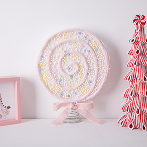 Décoration de sapin de Noël en forme de sucette géante fantaisie, motif tourbillon rose et blanc pailleté, avec base à ressort et nœud en ruban, en plastique, pour chambre d'enfant et fêtes - Product Image 3