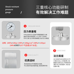 YTP100BF การเชื่อมต่อแบบหน้าแปลน DN25/DN50 ไดอะแฟรมสแตนเลส 316L ที่บุด้วย PTFE ทนต่อแรงกระแทก พร้อมเกจวัดแรงดัน - Product Image 5
