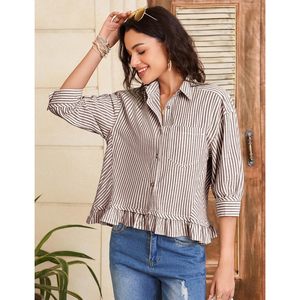 FOXA Blusa a rayas con botones para mujer, manga 3/4, dobladillo con volantes, top informal de algodón, camisa de verano con hombros caídos - Product Image 3