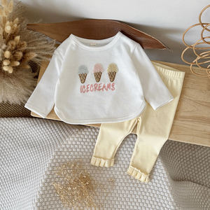 Sonbahar İlkbahar Yeni Tatlı Dondurma Karikatür İşlemeli Pamuklu Uzun Kollu İki Parçalı Yuvarlak Yaka Bebek Kız Elbise Takımı - Product Image 3