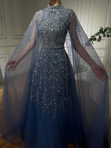 Abito da sera Serene Hill LA72728 a collo alto con perline, linea ad A, con mantello in tulle, elegante, blu polvere, stile arabo, per feste formali da donna - Product Image 3
