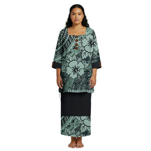 Gaun Wanita Ukuran Besar Plumeria Custom Tonga Samoa Gaun Panjang Atasan dan Rok Set Dua Potong Elei Tribal Buttons Puletasi Dress - Product Image 4
