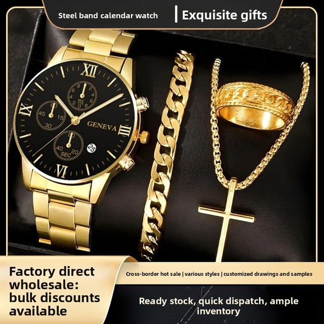 Wholesale Luxury Business Men's Quartz Watch Set with Calendar Steel Band Casual Wristwatch for Corporate Gifts