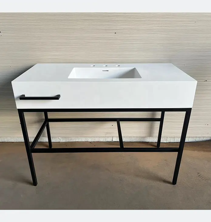 Vanité en métal noir élégante vanité console idéale pour toute petite salle de bain ou salle d'eau avec un évier en composite acrylique renforcé