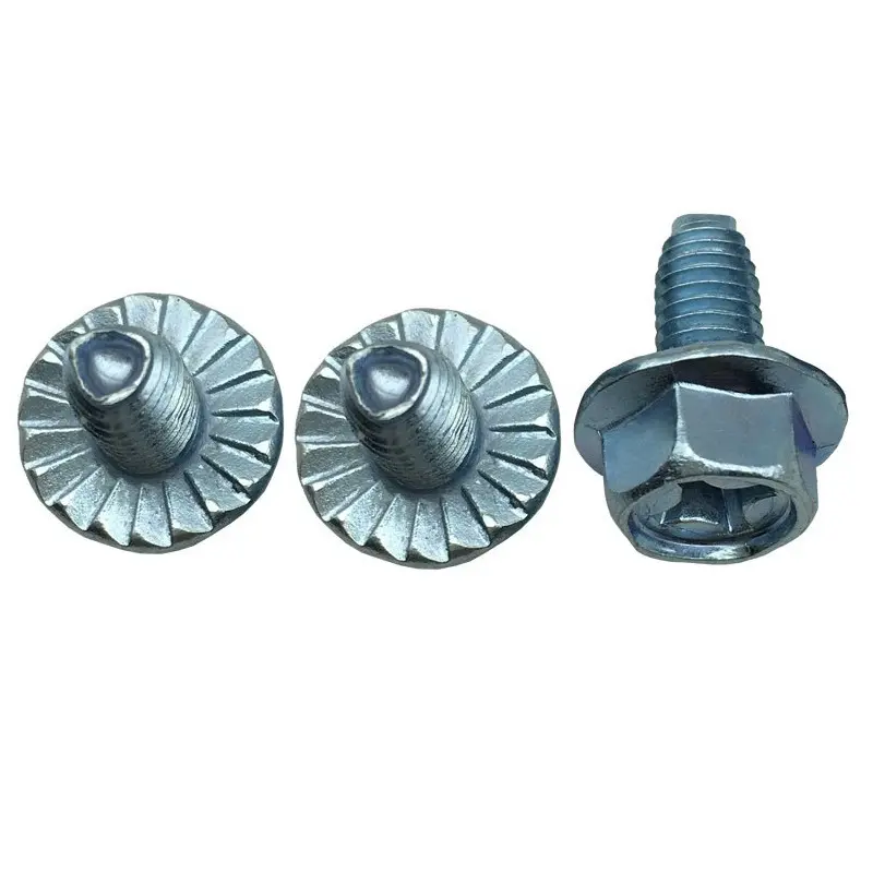 Zinc plated DIN7500 Steel triangle lock teeth hex washer head thread rolling screws with serrated