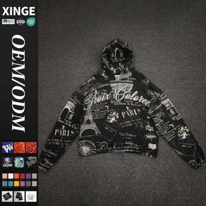 Sudadera con capucha oversize vintage lavada y desgastada de moda, con estampado digital de diamantes de imitación personalizado en toda la prenda, con cremallera para hombre. - Product Image 1