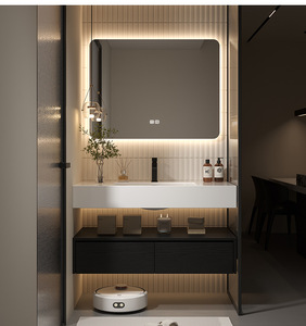 Modern Wall-<b>Mounted</b> Bathroom Vanity <b>With</b> Smart Mirror Ceramic Basin Rectangle Dark Finish Minimalist Design 60 In - Product Image 2