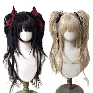 Perruque double queue de cheval superposée style Lolita avec rubans noirs, couvre-tête complet, sans colle, en fibre Kanekalon pour femmes - Product Image 5