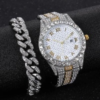 Hip Hop Set Jam Tangan Gelang Quartz Tanggal Dekorasi Berlian Imitasi Tali Baja Tahan Karat Wanita Mewah