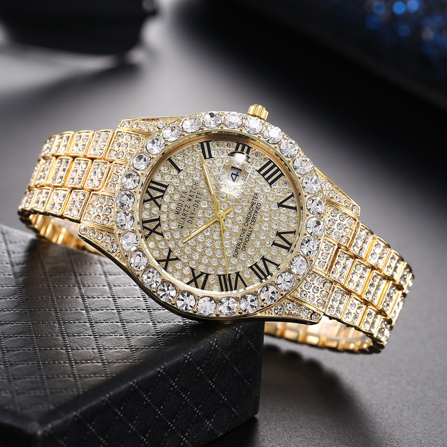 New Fashion Watch Wholesale Hip Hop Diamond Roman Scale Alloy Steel Band Bling Sports Quartz Wristwatch Men's Watch