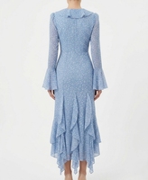 Robe longue maxi en mousseline bleue à imprimé floral, col en V, manches longues évasées, volants, coupe sirène, idéale pour les rendez-vous et les brunches