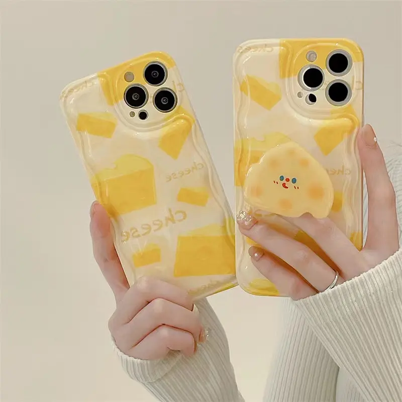 Cartoon Cat Stand Clear Background Shockproof Soft Tpu Phone Case Glitter Quicksand Cute Yellow Cheese Clear Phone Case