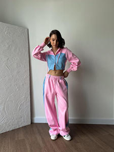 Contraste Couleur Filles Survêtement Zip-up Jogging Sportswear Sexy Deux Pièces Long Ensembles <span class=keywords><strong>Fille</strong></span> Crop Top - Product Image 2