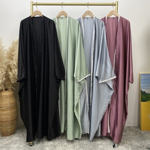 1429#B Thick Satin Muslim Women Latest <b>Abaya</b> Shiny Diamond With Lace Border Batwing Sleeves Gaily New Open <b>Abaya</b> Kaftan - Product Image 6