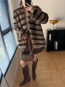 Loose Korean Striped Thick <strong>Fur</strong> Coat Full Leather <strong>Beaver</strong> Real Rex Rabbit <strong>Fur</strong> Coat for Women, - Product Image 1