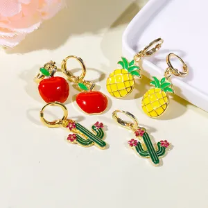 Enamel Clip Earrings Dripping Oil Fruit Vegetable Ear Buckle Gold Plated Stainless Steel Hoop Earrings