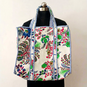 Women Quilted <b>White</b> Cotton Tote <b>Bag</b> with Floral Print Bohemian Style Summer Casual Zipper Shopping Handbag for Women - Product Image 1