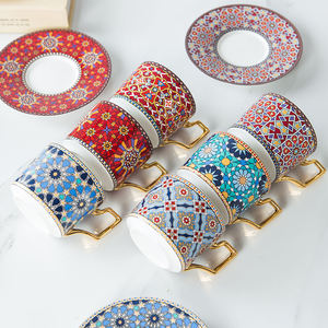 Moroccan Style Luxury Arabic Coffee <b>Cups</b> <b>Saucer</b> Set Gold Handel Porcelain Vintage Cappuccino Afternoon Tea <b>Cup</b> 250ml - Product Image 3