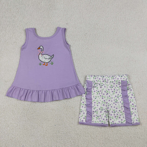 Conjunto de pantalones cortos florales con bordado de pato morado sin mangas para niñas y niños - Product Image 1