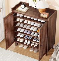 Meuble à chaussures moderne en noyer avec étagères réglables et portes à lattes respirantes – Rangement d'entrée en bois pour appartement et hôtel (vente en gros)