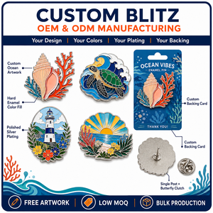 Ensemble de broches en métal personnalisées sur le thème de la mer, avec motifs coquillage, corail, tortue, phare et coucher de soleil, plaqué argent, forme irrégulière, souvenir - Product Image 4