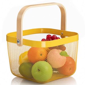 Kitchen Bathroom Picnic Pantry Cabinets Storage <b>Mesh</b> Steel Storage Organizer <b>Basket</b> Fruit <b>Basket</b> Bin with Wood Handle - Product Image 1