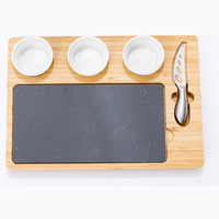 Plateau à fromage rectangulaire en bambou avec tasses en céramique et couteau en acier inoxydable, plateau de charcuterie pour fête, cadeau, vente en gros