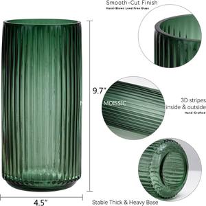 Vase en verre soufflé à la main vert de 9,7 pouces, épaissi, moderne, à rayures, pour la décoration de la maison, du bureau, de la table, anniversaire - Product Image 4