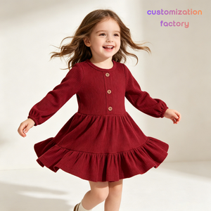 <span class=keywords><strong>Robe</strong></span> en tricot côtelé unie pour fillettes, col rond, boutonnée sur le devant, manches longues bouffantes, ourlet à volants, tenue décontractée pour enfants, collection automne-hiver, vente en gros - Product Image 1