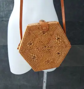 Bolso de mimbre tejido para mujer, bolsa de mimbre ORIGINAL, estilo poligonal BALI, bolsos exprés para mujer, correa de cuero