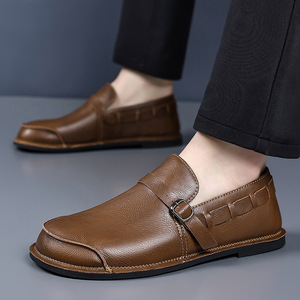 Men's Brown Leather Loafers Slip-On Casual <b>Driving</b> <b>Shoes</b> Flat Heel Solid Color Sewing Thread Detail - Product Image 3
