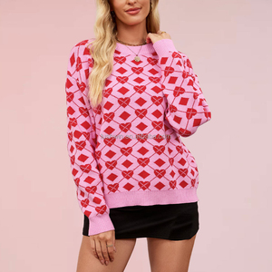 <strong>Valentine</strong> Heart Jacquard Knit Spring Front Logo Casual Long Sleeve Women's Sweater - Product Image 1