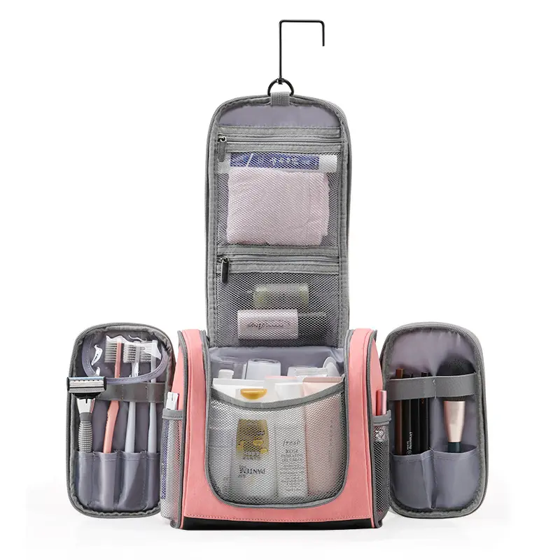 Sac Cosmétique de Voyage en PU de Grande Capacité Portable Étanche Rangement de Maquillage Suspendu avec Fermeture à Glissière Style Fashion