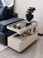 Table basse mobile en bois massif avec dessus en verre pour petit appartement, salon moderne minimaliste, lumière, table d'appoint réglable de luxe