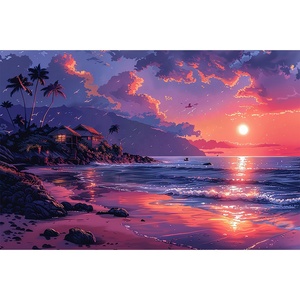 Kit de Pintura de Diamantes 5D DIY con Diseño de Atardecer en Isla Tropical, Impreso en Lienzo Ecológico, Decoración de Pared con Palmeras, Venta al Por Mayor OEM - Product Image 1