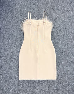 C3674 pronto per la spedizione <span class=keywords><strong>Beige</strong></span> da donna Mini abito lavorato a <span class=keywords><strong>maglia</strong></span> con cinturino <span class=keywords><strong>in</strong></span> piuma Mini abito Casual estivo - Product Image 5