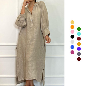 Robes décontractées pour femmes, personnalisées, d'été, longues, à manches longues, coupe ample, en lin/coton, infroissables et respirantes, style <span class=keywords><strong>vintage</strong></span>, couleur unie, OEM - Product Image 1