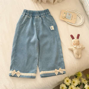 TongXingYuan Girls Jeans Sky Blue Cotton <b>Elastic</b> Waist <b>Lace</b> Trim Summer Casual Pants Children's Wear - Product Image 2