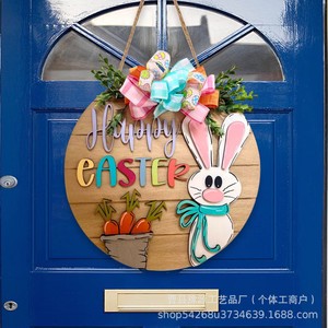 Letrero de madera para puerta de Pascua, redondo, con conejo y zanahoria grabados, decoración hecha a mano para el hogar en Pascua - Product Image 2