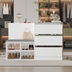Cómoda de 9 <span class=keywords><strong>cajones</strong></span> con tapa de vidrio templado y Banco cómodo Cómodo Tocador versátil Gabinete de almacenamiento elegante y elegante - Product Image 1