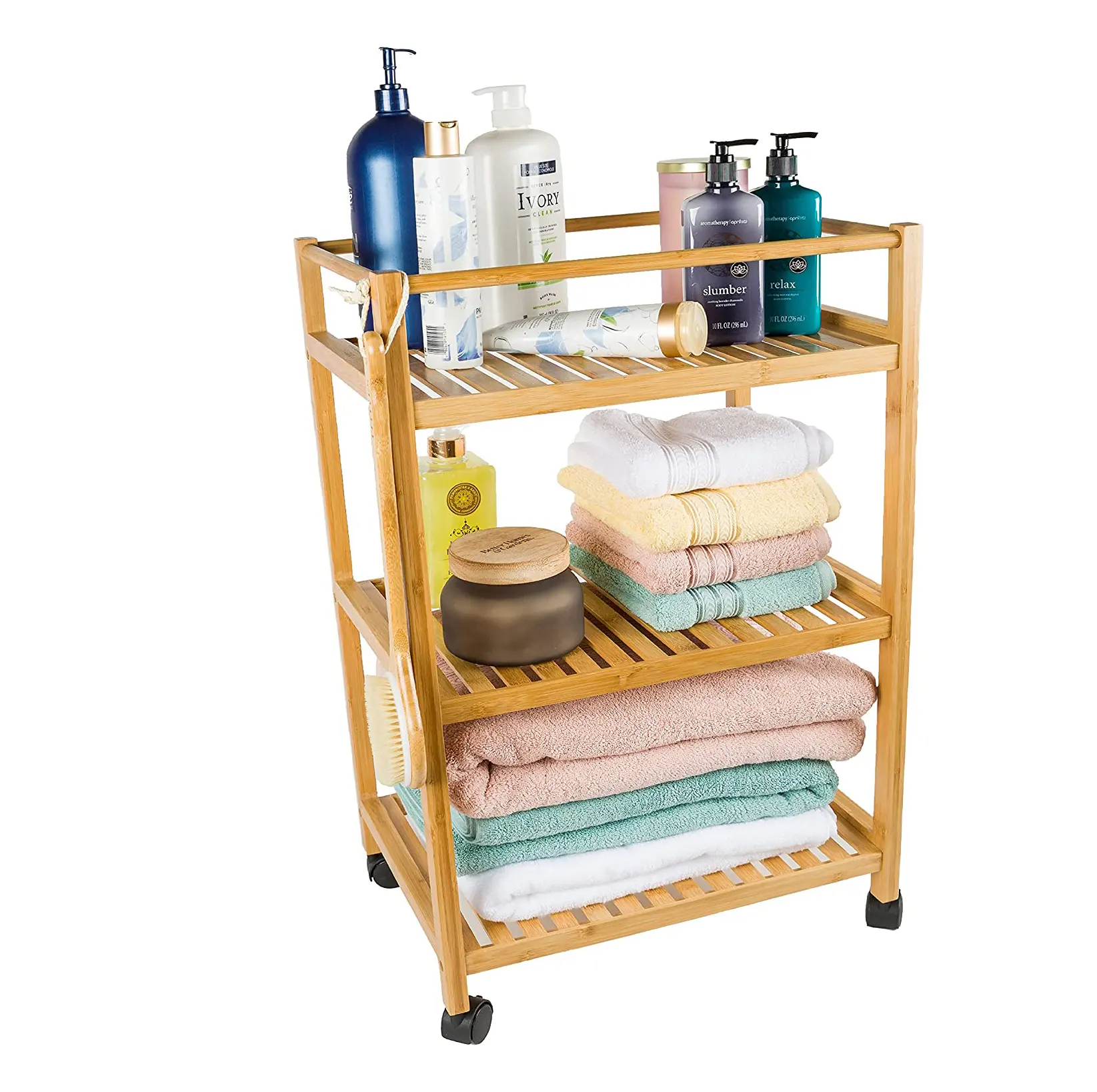 Bamboo 3-Tier Rolling Utility Cart, Bamboo Kitchen Cart, Bamboo Bathroom Trolley