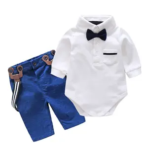 ชุดเสื้อผ้าเด็กผู้ชายแบบผูกโบว์9-12เดือนชุดรอมเปอร์แขนยาวผ้าฝ้ายสีขาวสีฟ้ามีสายเอี๊ยมกางเกงสูทเด็กทารก