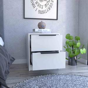 Mesita de noche de madera maciza DB Kaia, mesa auxiliar de dos cajones con mango de metal, diseño antiguo y minimalista para uso en apartamentos - Product Image 4