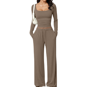 Sweethoney OEM Women's Casual Trousers <strong>Set</strong> <strong>Square</strong> Neck Long-Sleeved Short Top <strong>Set</strong> Breathable Modal Women's Sportswear <strong>Set</strong> - Product Image 6
