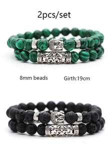 Gelang Batu Alam 2Pcs/Set 8mm Trendy Custom, Semua Jenis Batu Chakra Energi, Batu Lava Vulkanik Hitam, Liontin Buddha Logam - Product Image 2