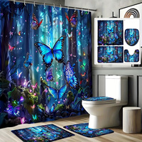 Ensemble de rideaux de douche de Noël 4 pièces, imprimé numérique 3D Père Noël et sapin, tapis de bain en polyester imperméable, couvercle de toilette, pour salle de bain festive