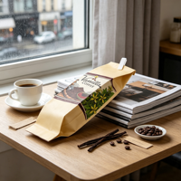 Sachet à café personnalisé en papier kraft imprimé en héliogravure de qualité alimentaire et feuille d'aluminium mate avec soufflet latéral – Haute Qualité