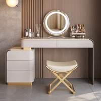 Coiffeuse minimaliste avec dessus en ardoise Chambre à coucher moderne Base en acier inoxydable Miroir de coiffeuse en cuir avec éclairage Meubles