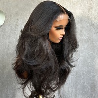 Perruque de cheveux humains 13x6 avec dentelle transparente, ondulée, noire naturelle, sans colle, pré-épilée, pré-coupée, style Yaki bouclé