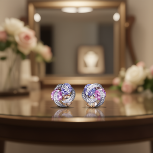 Boucles d'oreilles clous de luxe pour femme, design fleur en strass de cristal, rose, violet, jaune, améthyste, sertissage griffe, alliage de zinc plaqué rhodium - Product Image 2